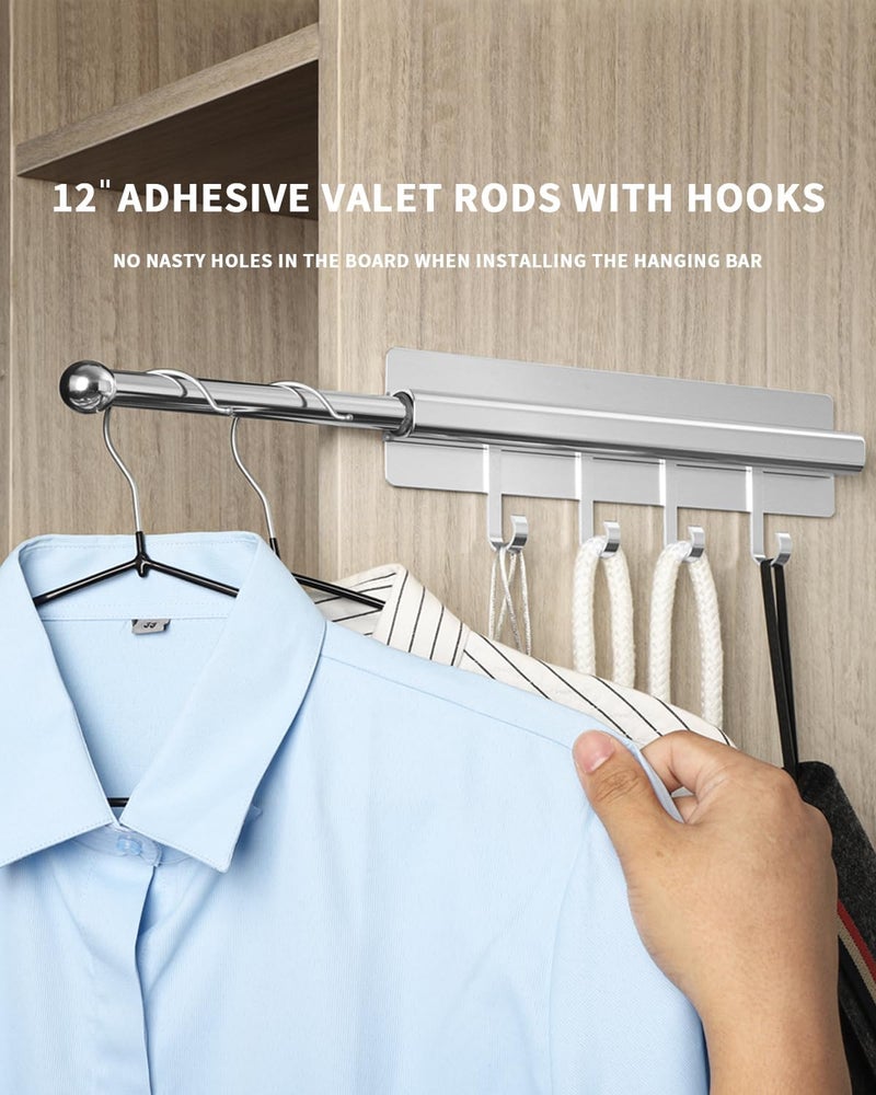 BaiNong Adhesive Valet Rods for Closets Silvery Closet Valet Rod with Hooks 12 inch valet rod for closet pull out Valet Rods for Closet Storage and Organization Storage Clothes Hanger - Image 3